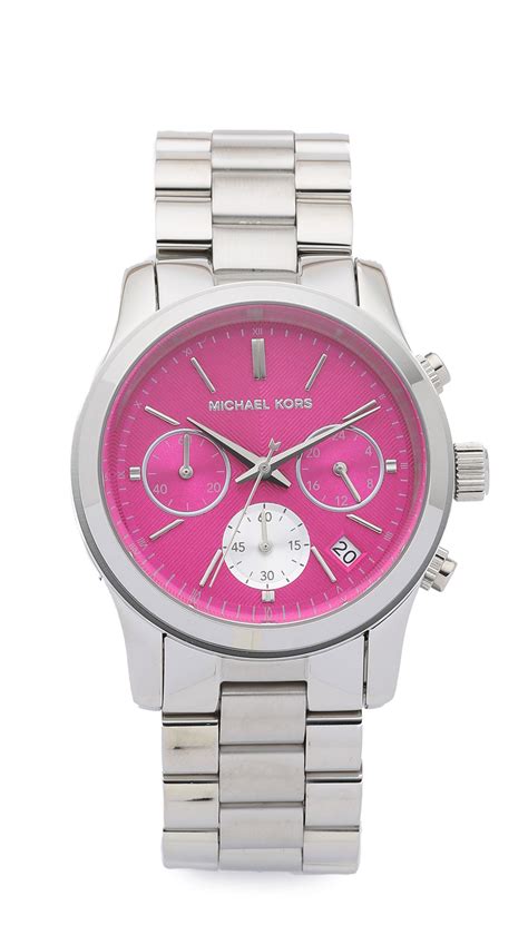 michael kors slim runway watch silver with pink face|Michael Kors black chronograph watch.